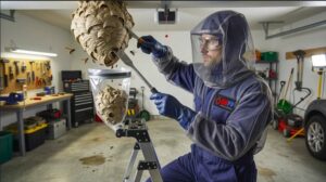 Professional wasp technician removes a hornet nest from a garage, using specialized tools while wearing full protective gear to ensure safe and effective nest control.