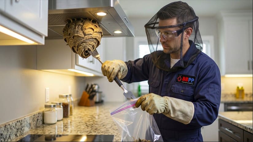 Professional wasp technician removes a hornet nest from a kitchen while wearing full protective gear for safe and precise control.